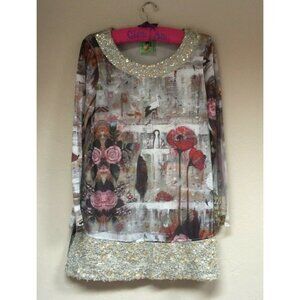 T Studio Therapy Womens Scoop Neck Long Sleeve Sequin Tunic Top Size 46 Italy